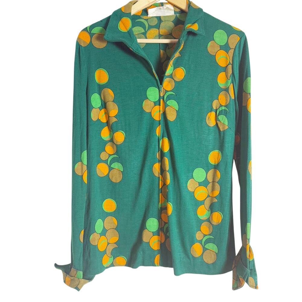 Vintage Diane von Furstenberg 70’s Green Geometric Circle Zip Up Top Size M